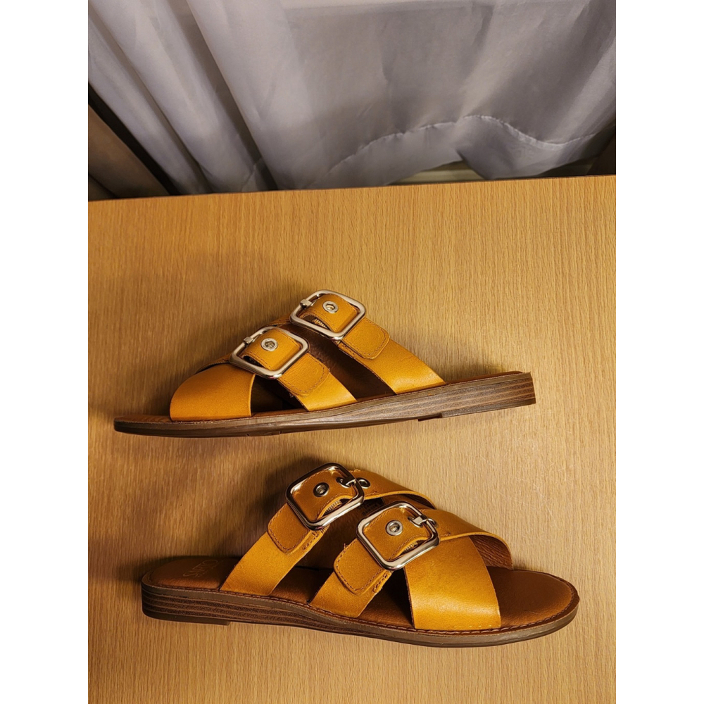 Franco Sarto Women's Honey Yellow Brown LEATHER Belted Sandals SZ 9.5 M - Picture 6 of 11